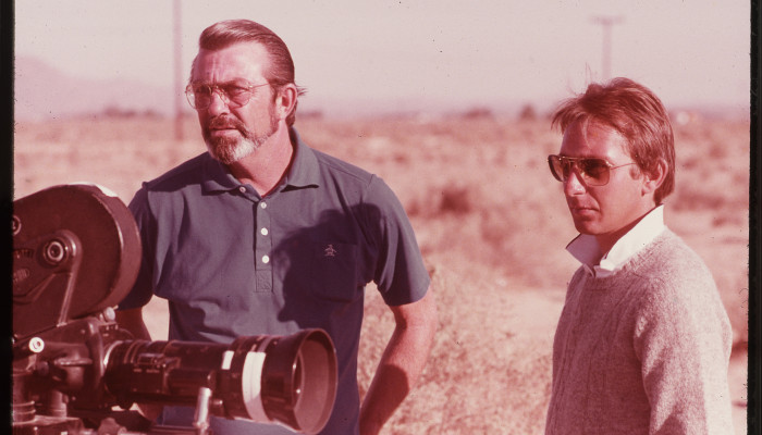 Conrad L. Hall and James William Guercio on set of Electra Glide in Blue